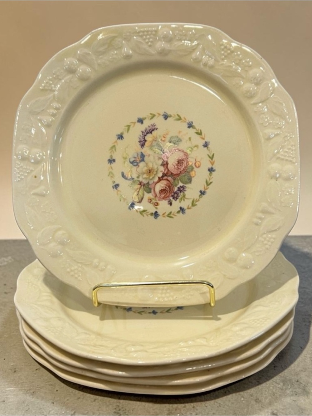 Lot of 6 VTG Crooksville USA Cream Floral Accent Desert Plate - Set of 5